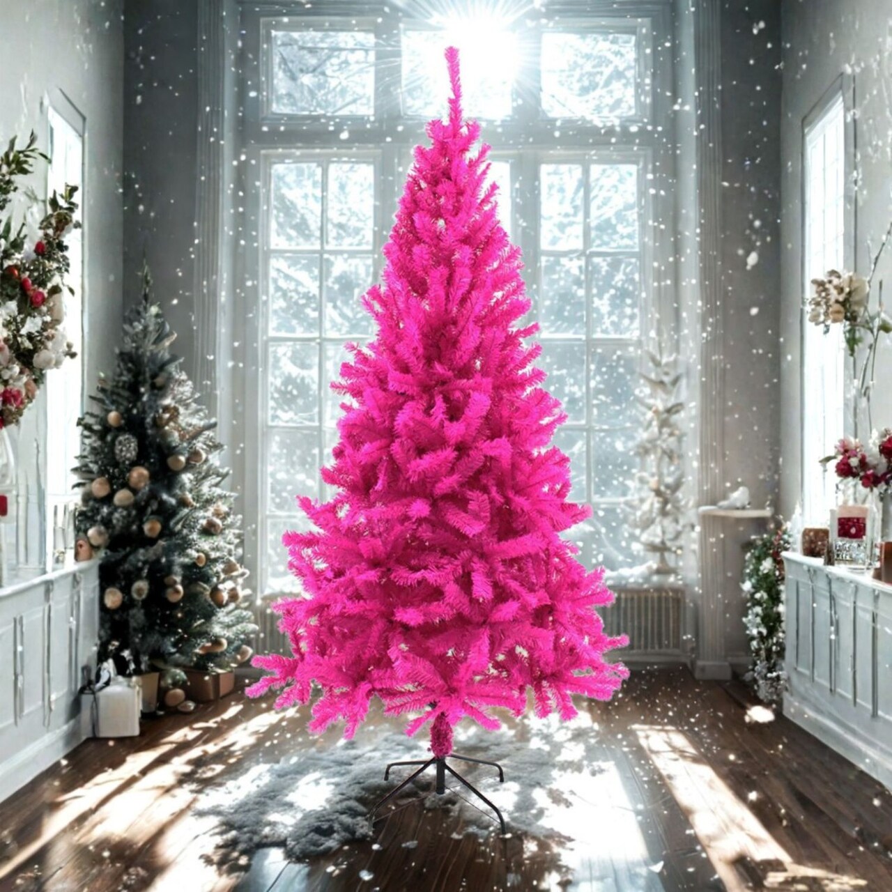 7 ft Pink Canadian Pine Christmas Tree with Hinged Branches and Metal Stand